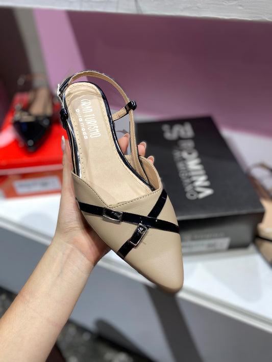 Sandalias stiletto beige con negro patente GRAN TURISMO