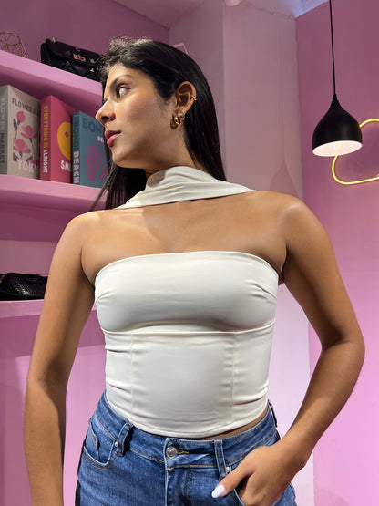 Top strapless con tirante al cuello