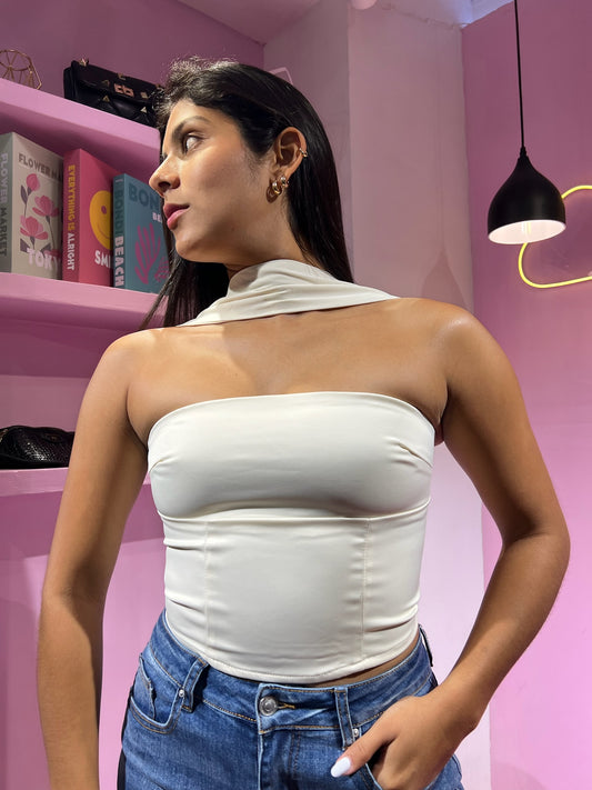 Top strapless con tirante al cuello