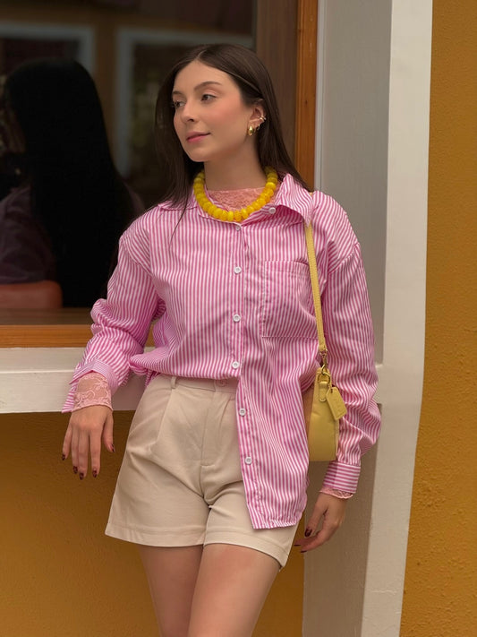 Camisa manga larga de rayas rosadas y blancas