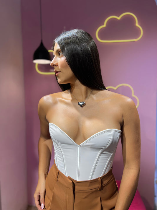 Corset strapless escote corazón de armazón y trenzado trasero blanco