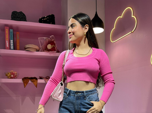 Top acanalado fucsia cuello redondo