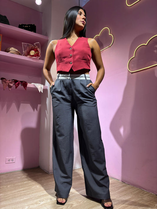 Pantalón de vestir palazzo gris con doble pretina blanca