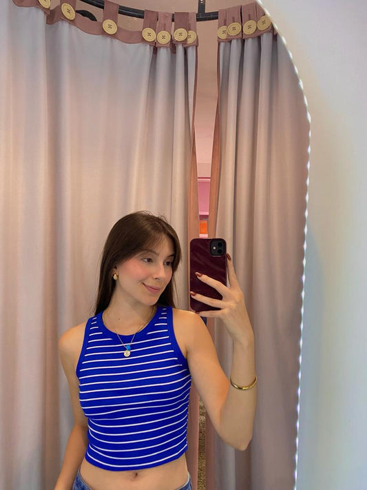 Top básico halter azul de rayas blancas