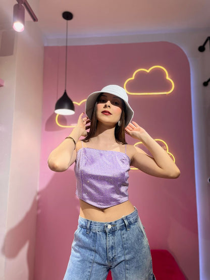 Top strapless lila de pedrería