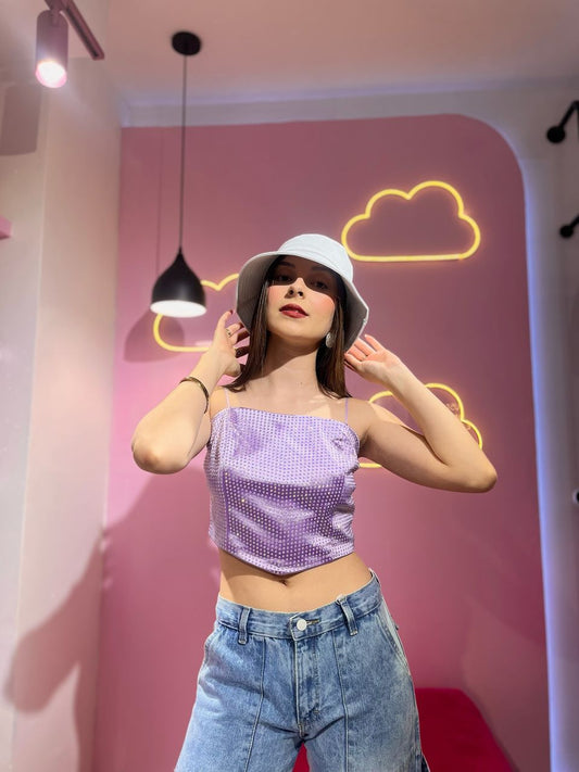 Top strapless lila de pedrería