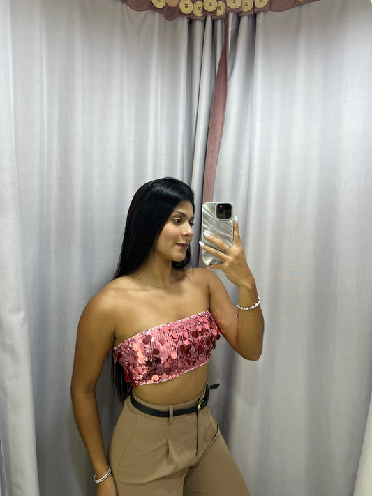 Top recto strapless de lentejuelas rosas