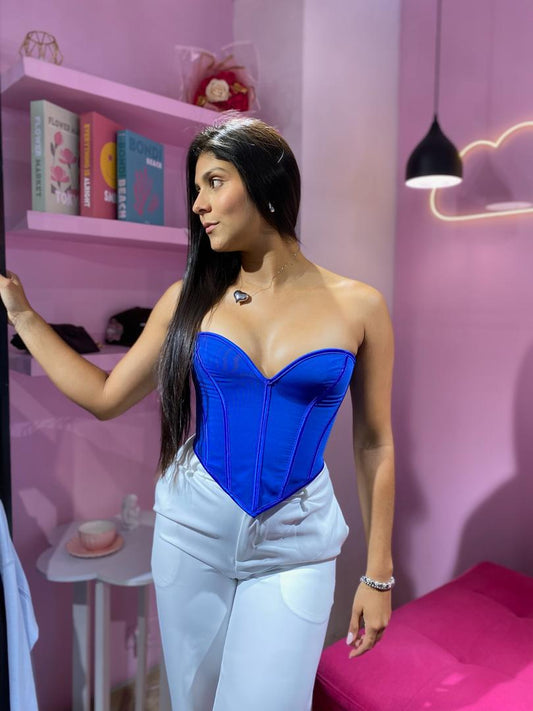 Corset strapless escote corazón de armazón y trenzado trasero azul rey