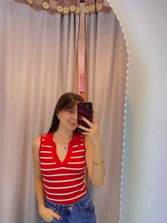Top chemise básico rojo de rayas blancas