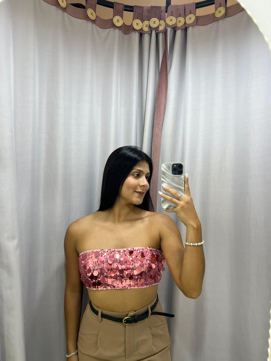 Top recto strapless de lentejuelas rosas