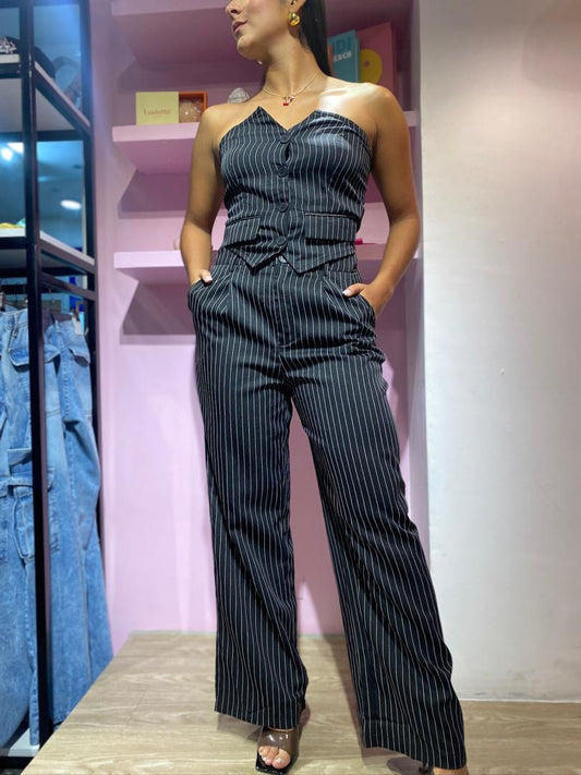 Set de pantalón y chaleco strapless de rayas